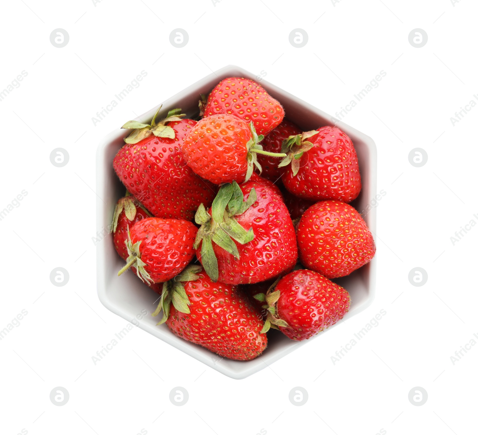 Photo of Ripe strawberries in bowl isolated on white, top view