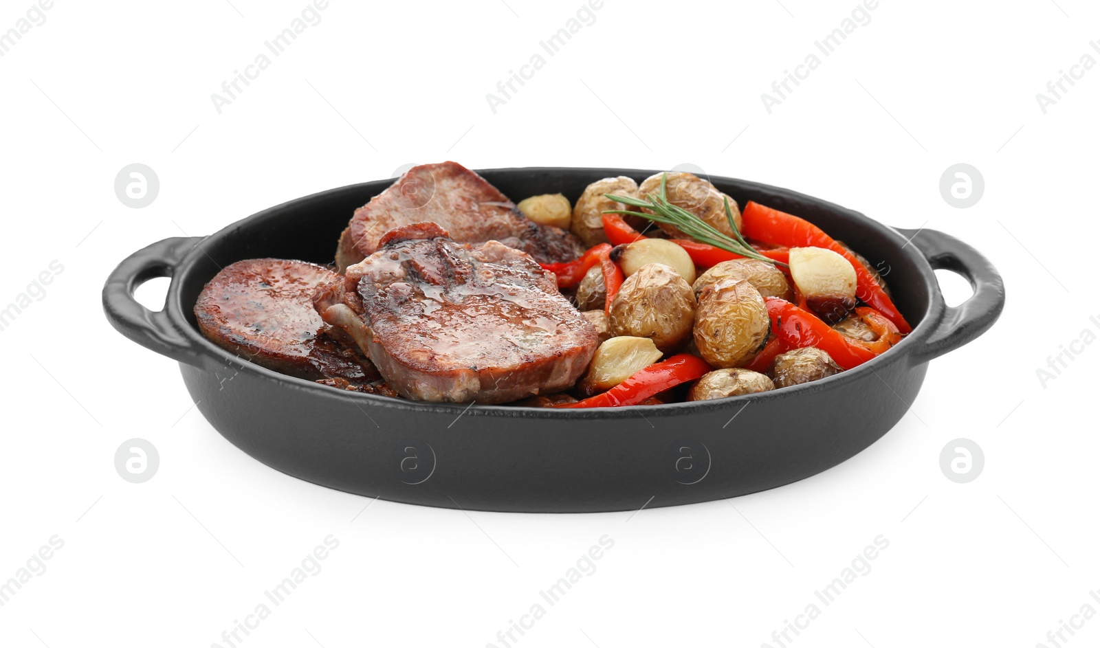 Photo of Tasty beef tongue slices with potatoes, pepper and rosemary isolated on white