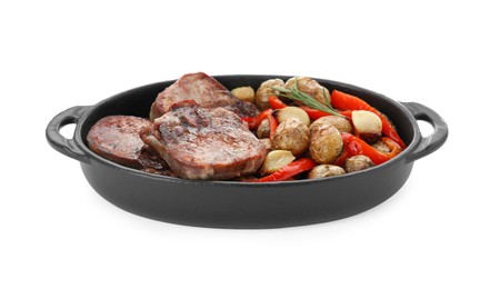 Photo of Tasty beef tongue slices with potatoes, pepper and rosemary isolated on white