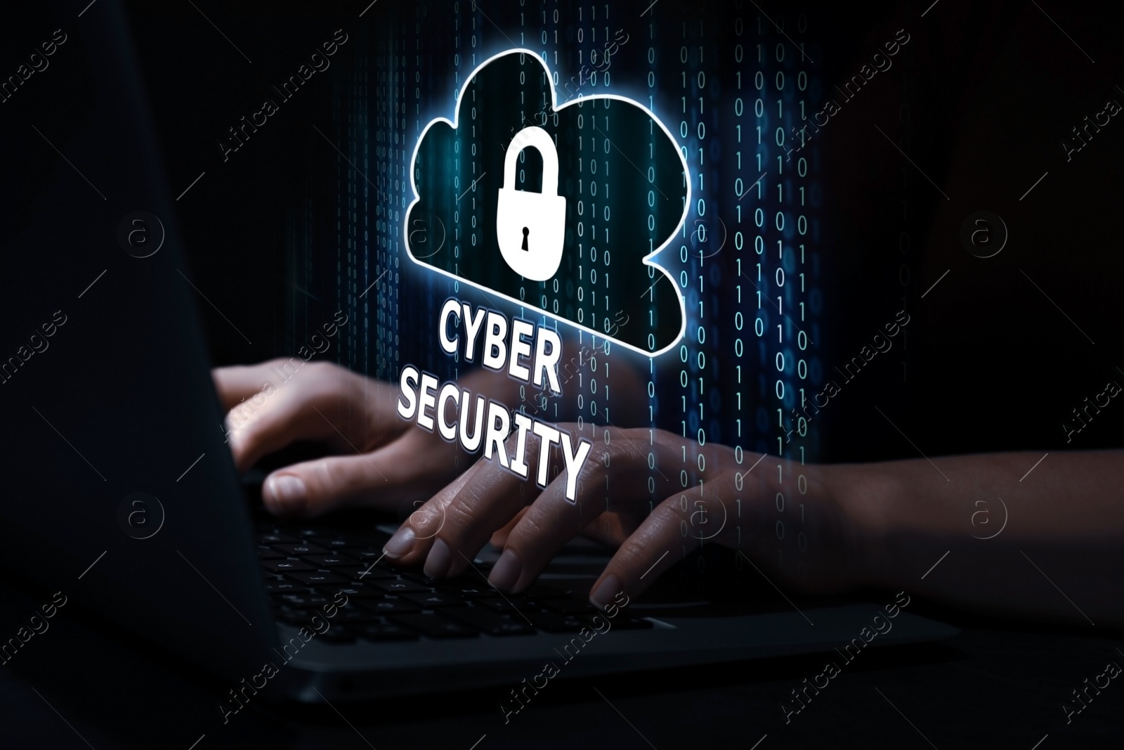 Image of Cyber security concept. Hacker using laptop, closeup. Cloud with padlock illustration over keyboard