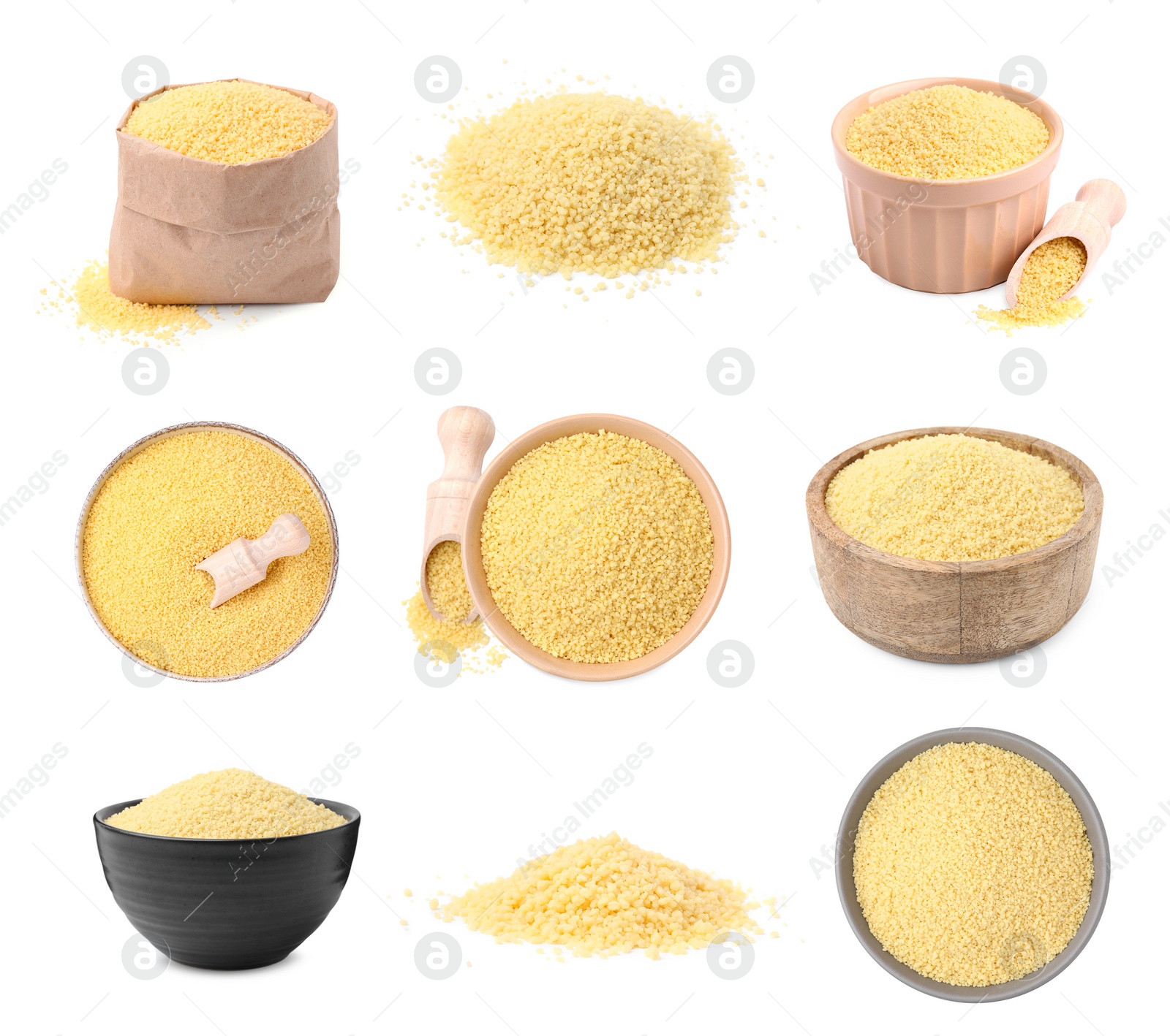 Image of Raw dry couscous isolated on white, set