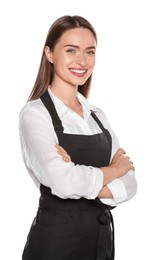 Photo of Portrait of happy hairdresser on white background