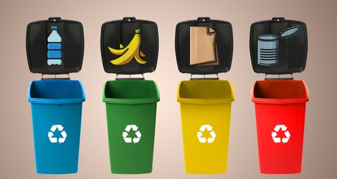 Waste sorting, banner design. Recycling bins with illustrations of different garbage types on beige background