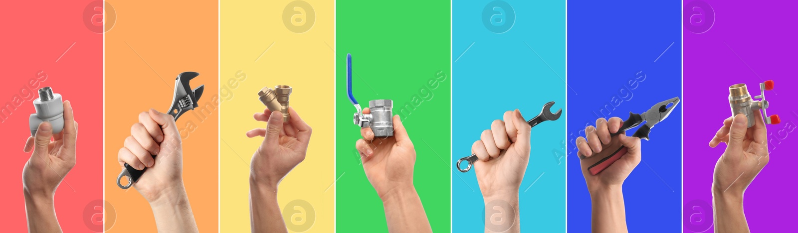 Image of Collage with photos of men holding plumbing tools on different color backgrounds. Banner design