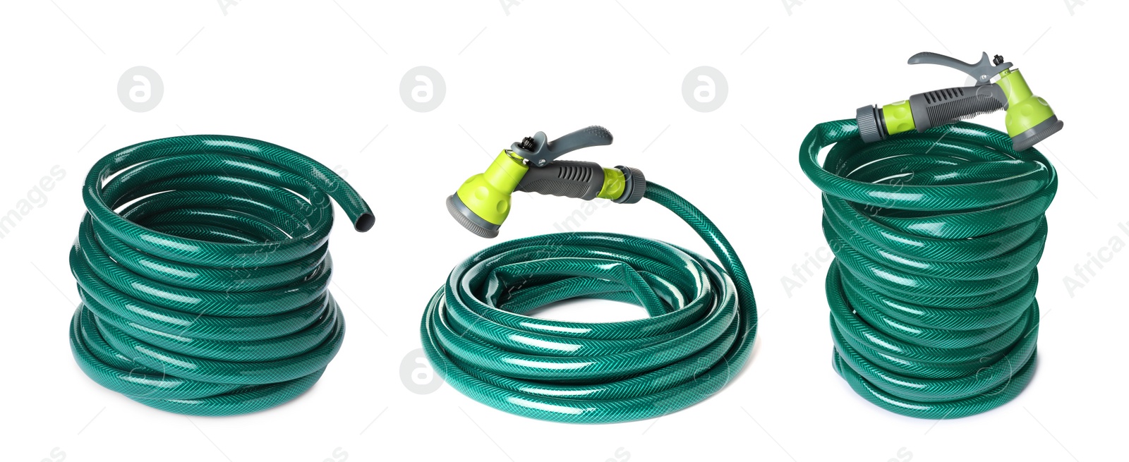 Image of Set with green rubber watering hoses on white background. Banner design