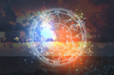 Image of Zodiac wheel with 12 astrological signs and star constellations and seascape on background