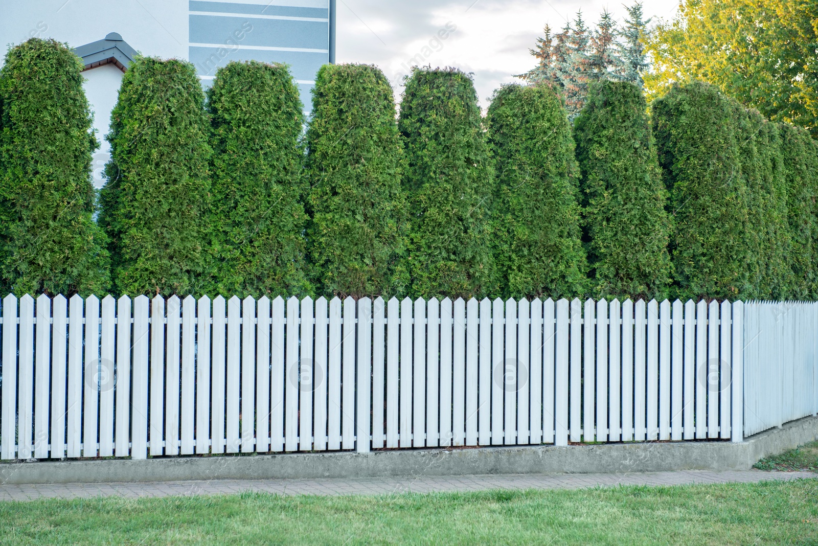 Photo of House and trees behind white wooden fence outdoors