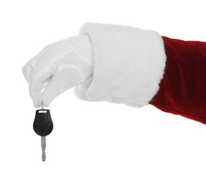 Photo of Santa Claus holding car key on white background, closeup of hand