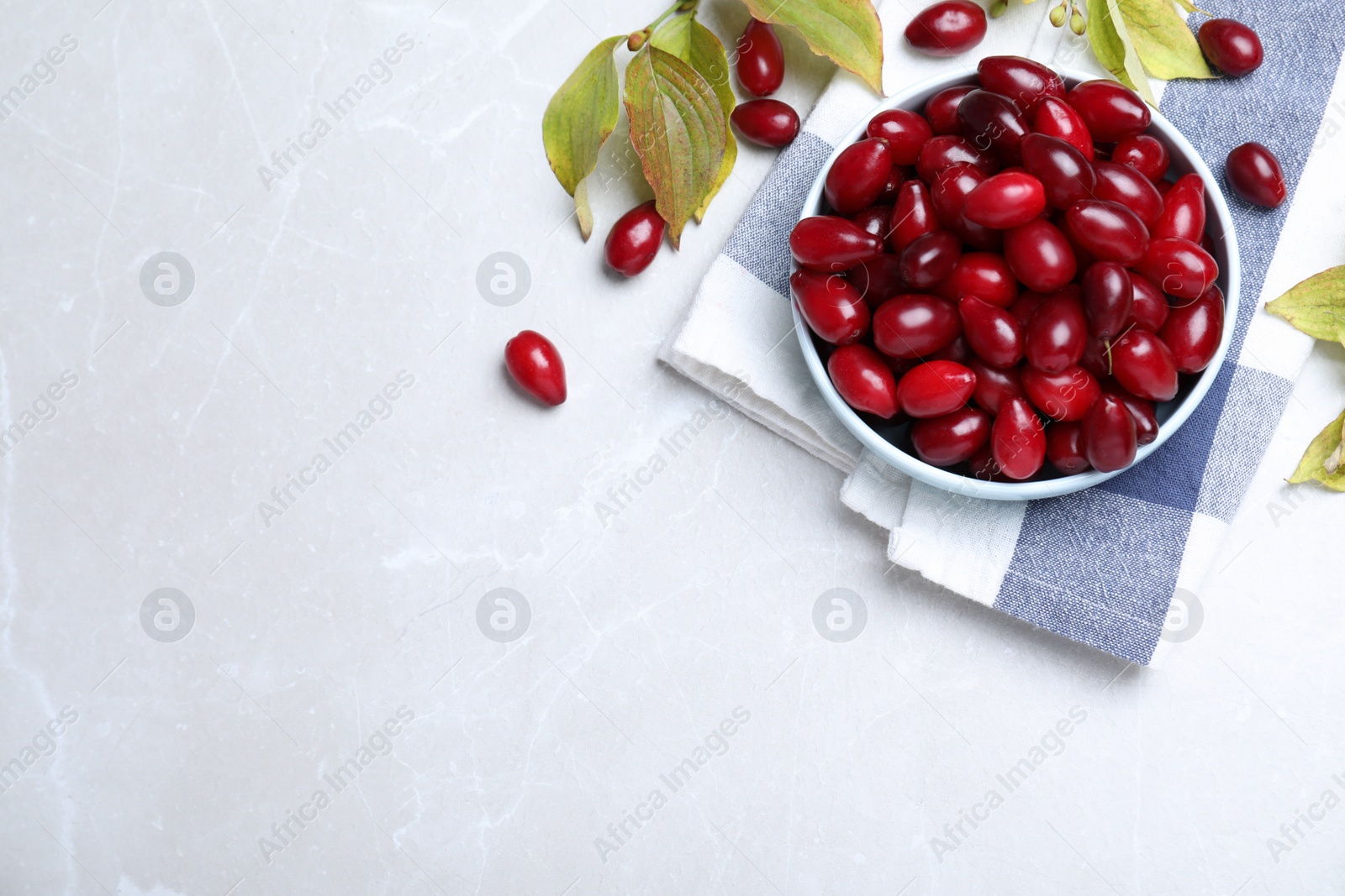 Photo of Fresh ripe dogwood berries, leaves and napkin on light grey table, flat lay. Space for text