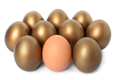 Photo of Golden eggs with different one on white background