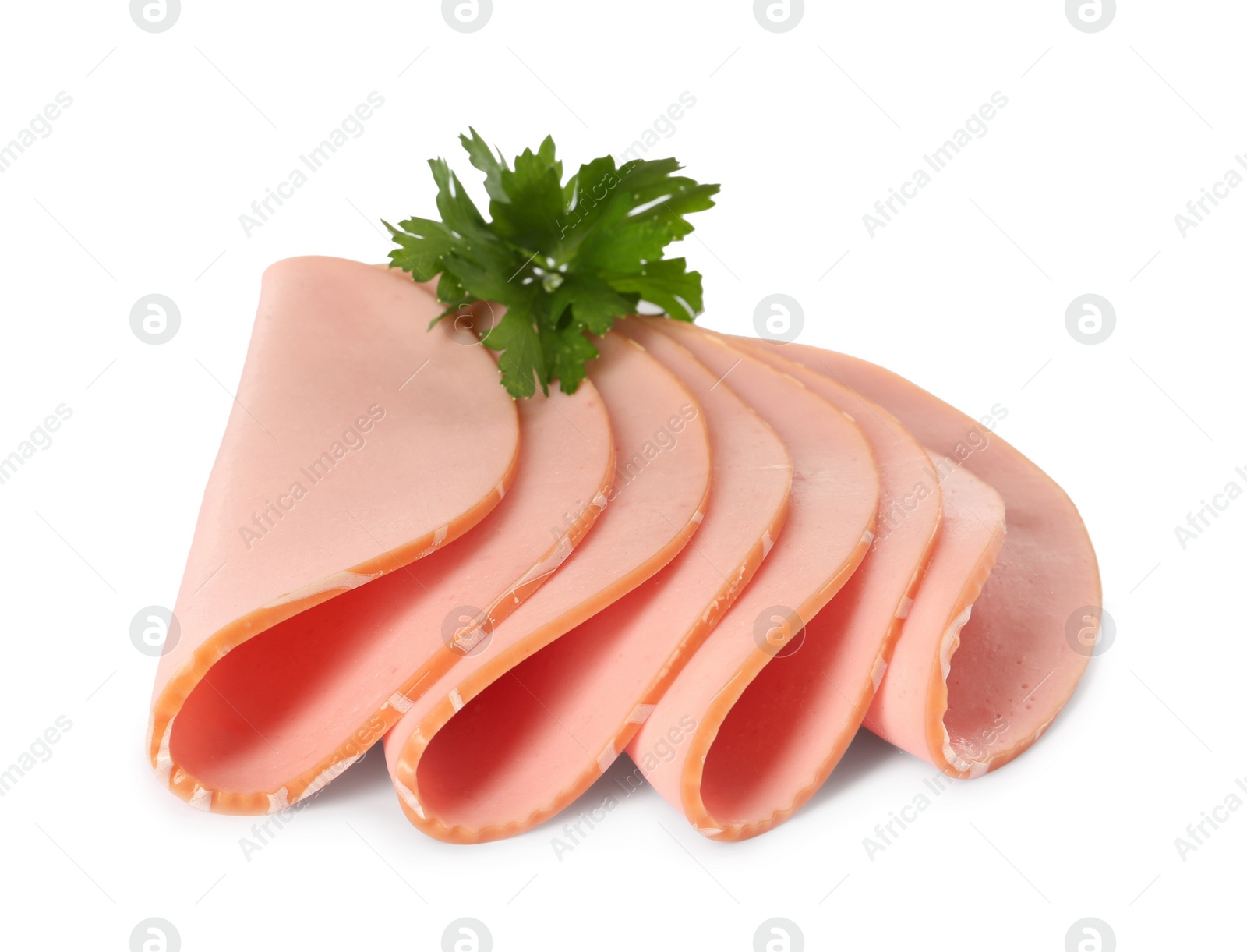 Photo of Slices of delicious boiled sausage with parsley on white background