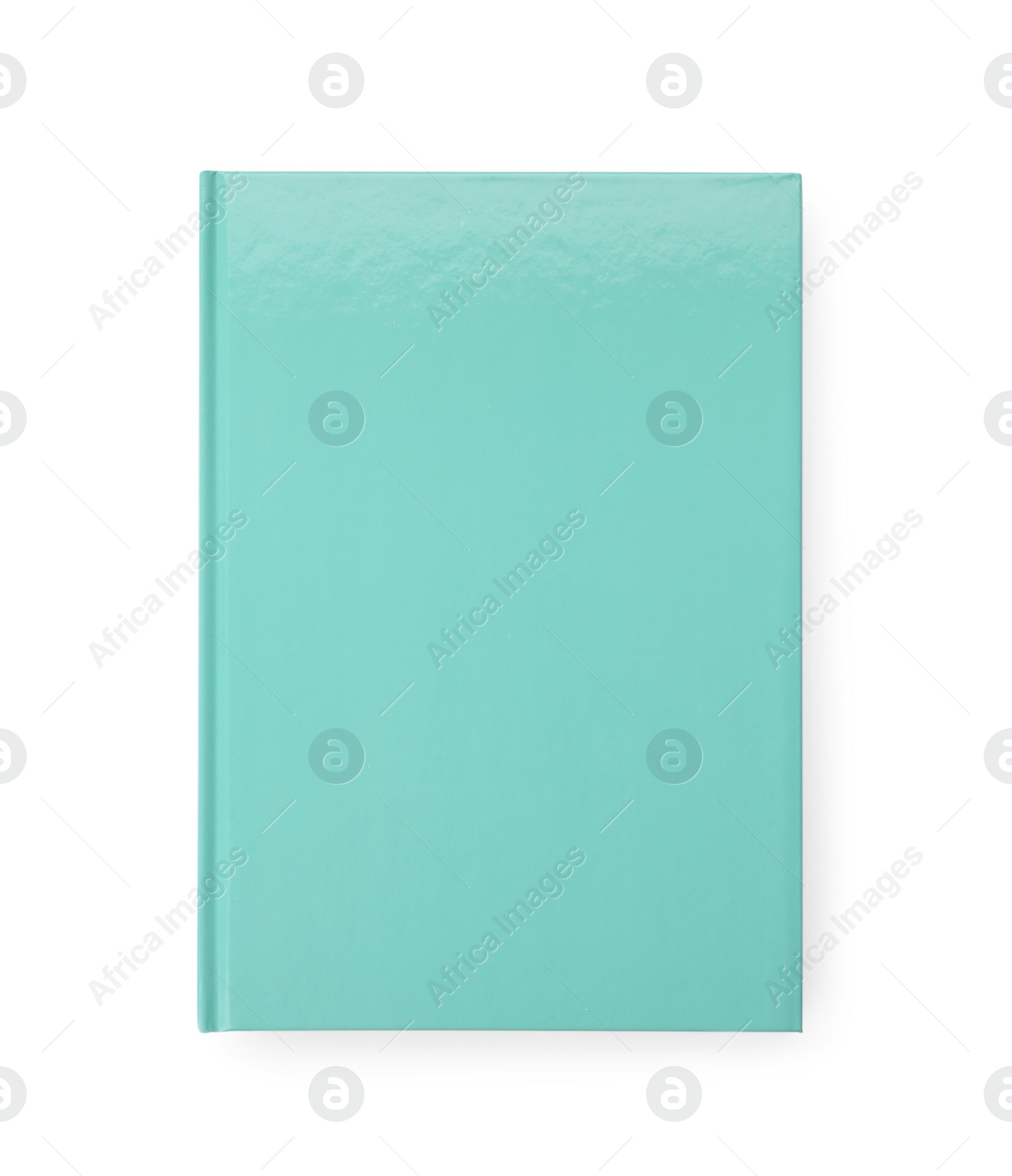 Photo of New turquoise planner isolated on white, top view