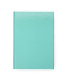 Photo of New turquoise planner isolated on white, top view
