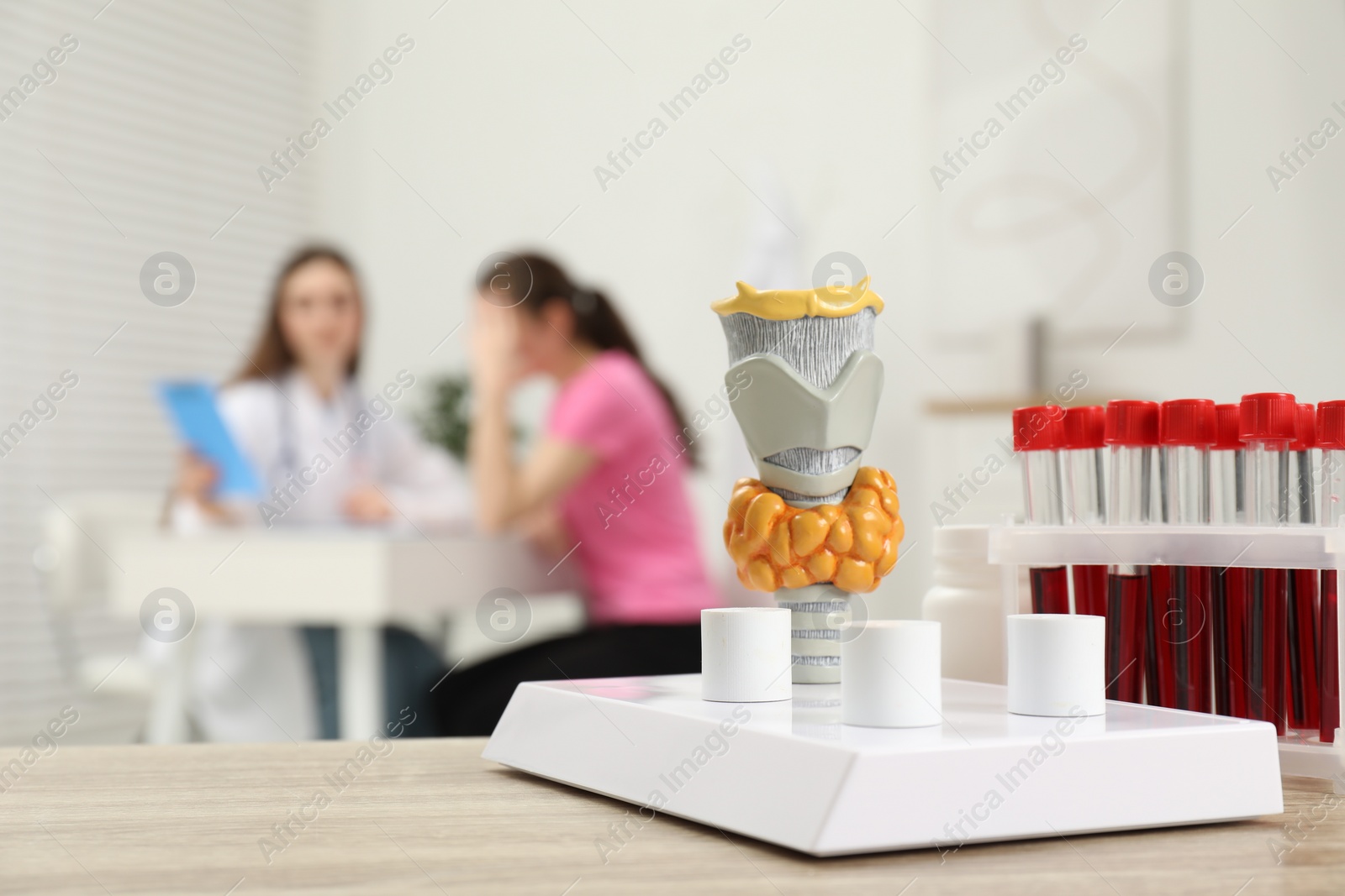 Photo of Endocrinologist examining patient at clinic, focus on model of thyroid gland and blood samples in test tubes