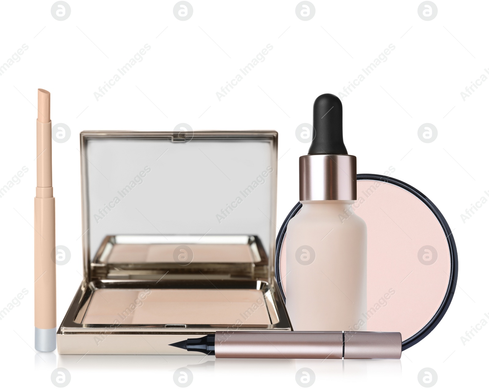 Image of Set with different decorative cosmetics on white background. Luxurious makeup products 