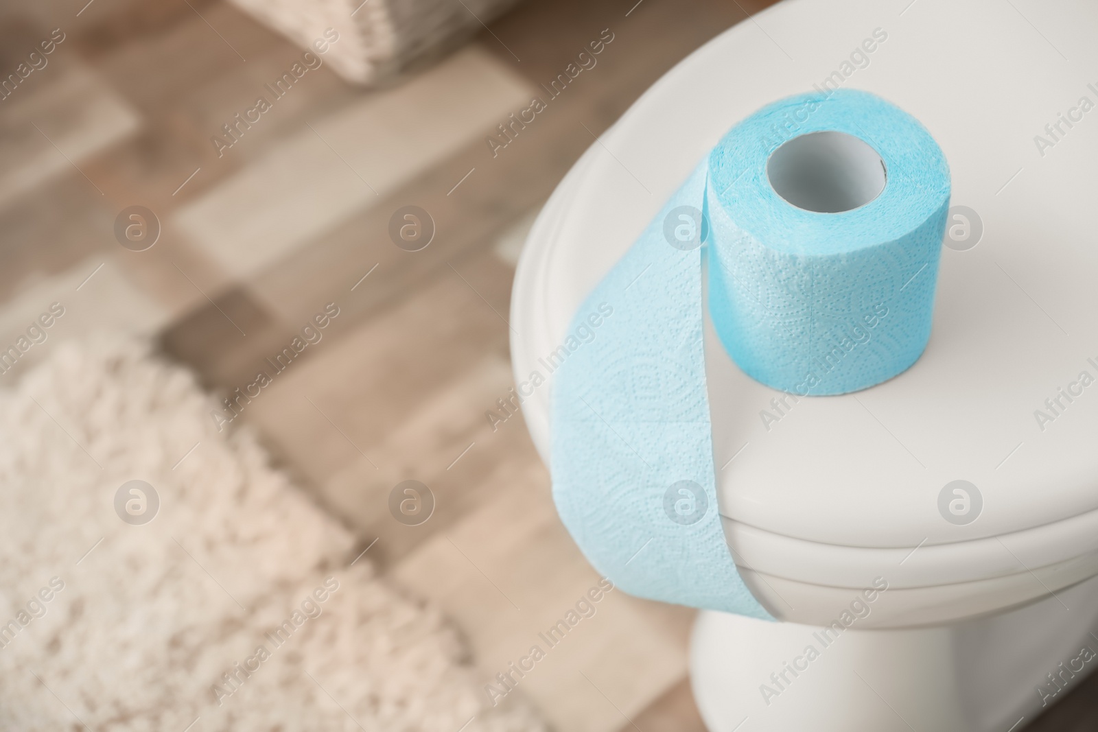 Photo of Paper roll on toilet seat lid in bathroom. Space for text