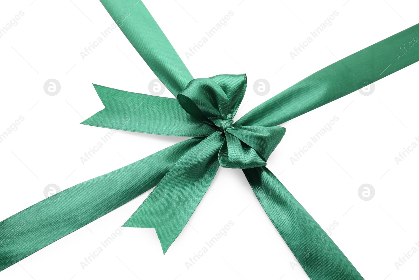 Photo of Green satin ribbon with bow isolated on white