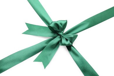 Green satin ribbon with bow isolated on white