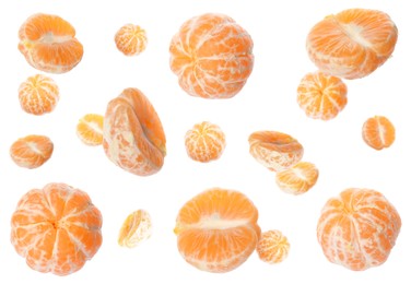 Image of Tasty peeled tangerines falling on white background