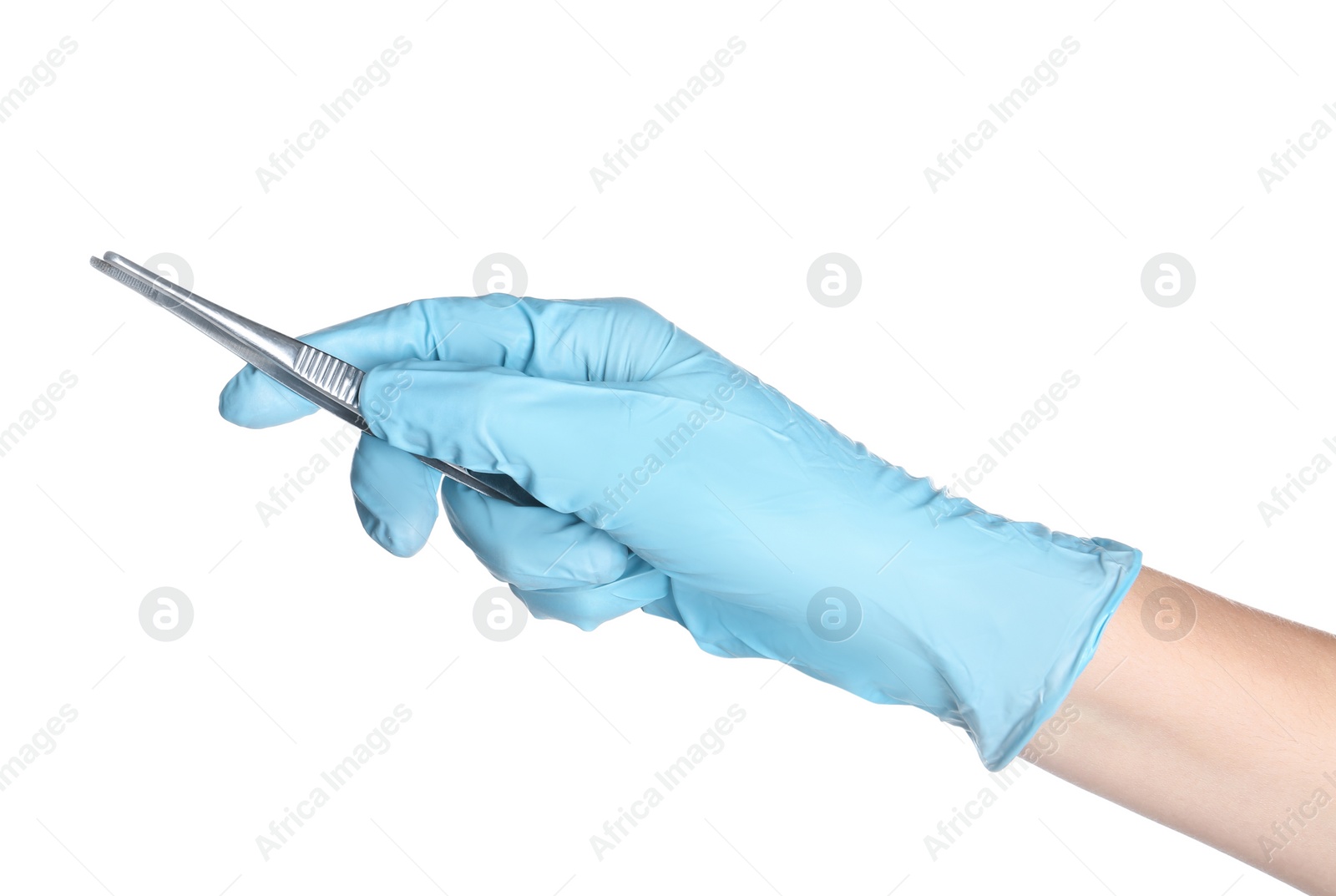 Photo of Doctor in sterile glove holding medical forceps on white background