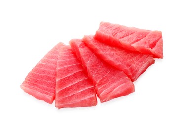 Photo of Tasty sashimi (pieces of fresh raw tuna) on white background