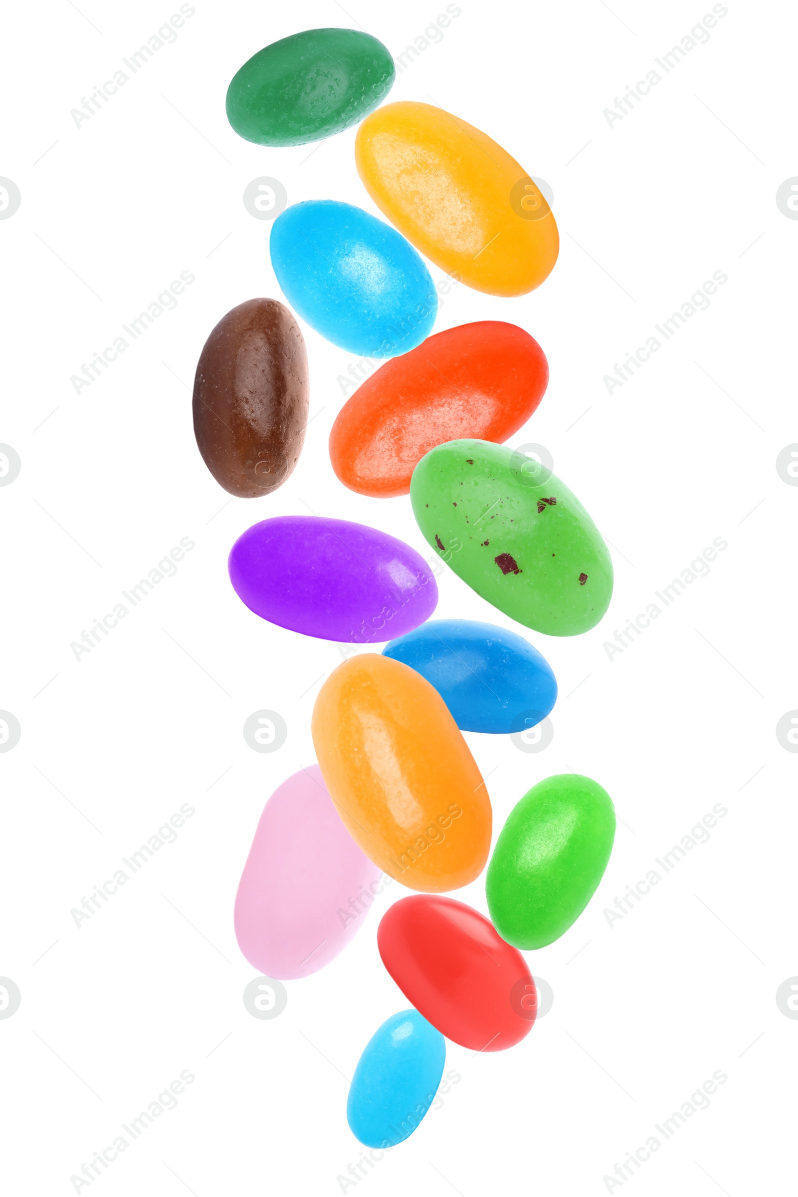 Image of Set of delicious jelly beans falling on white background