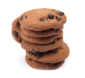 Delicious chocolate chip cookies on white background