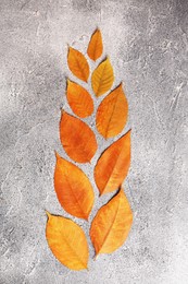 Photo of Flat lay composition of beautiful orange leaves on grey textured table