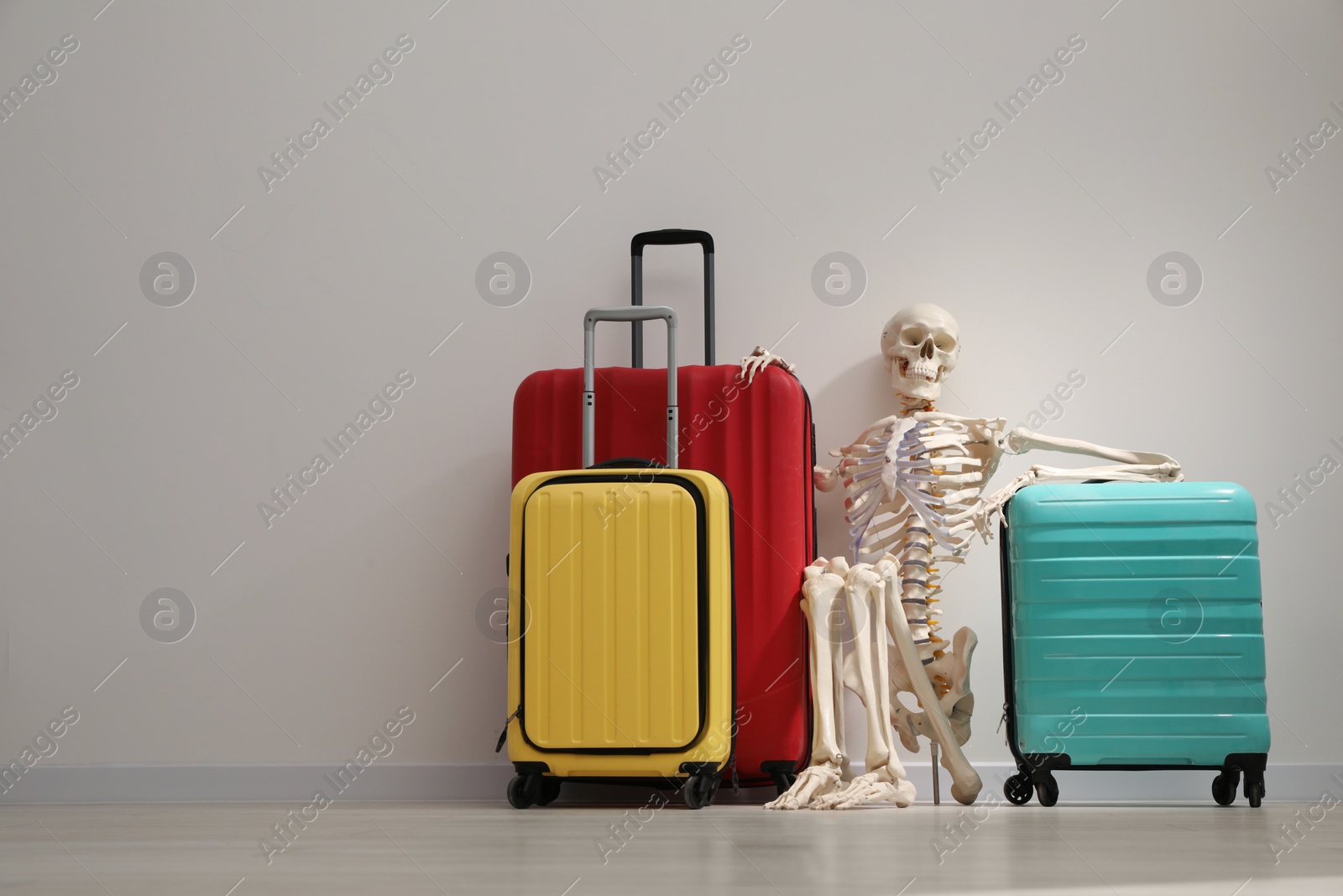 Photo of Waiting concept. Human skeleton with suitcases near light grey wall, space for text