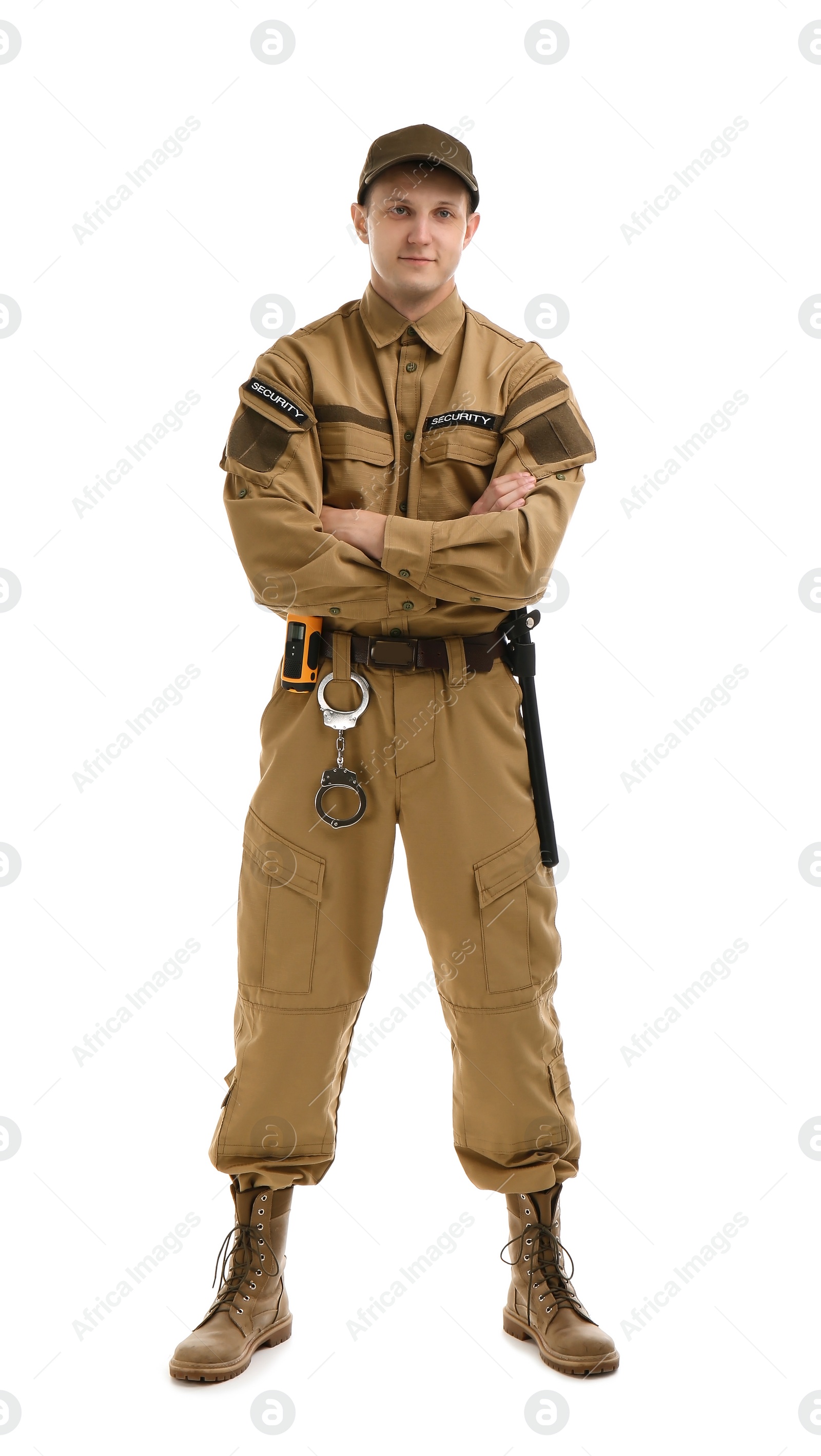 Photo of Male security guard in uniform on white background