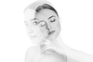 Double exposure of beautiful young woman. Black and white effect