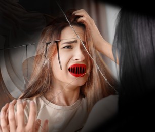 Image of Suffering from hallucinations. Woman seeing herself in broken mirror with bloody lips