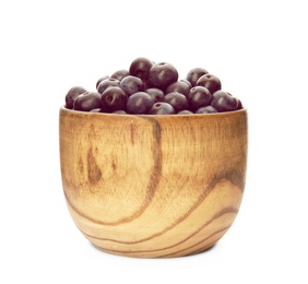 Bowl with fresh acai berries on white background