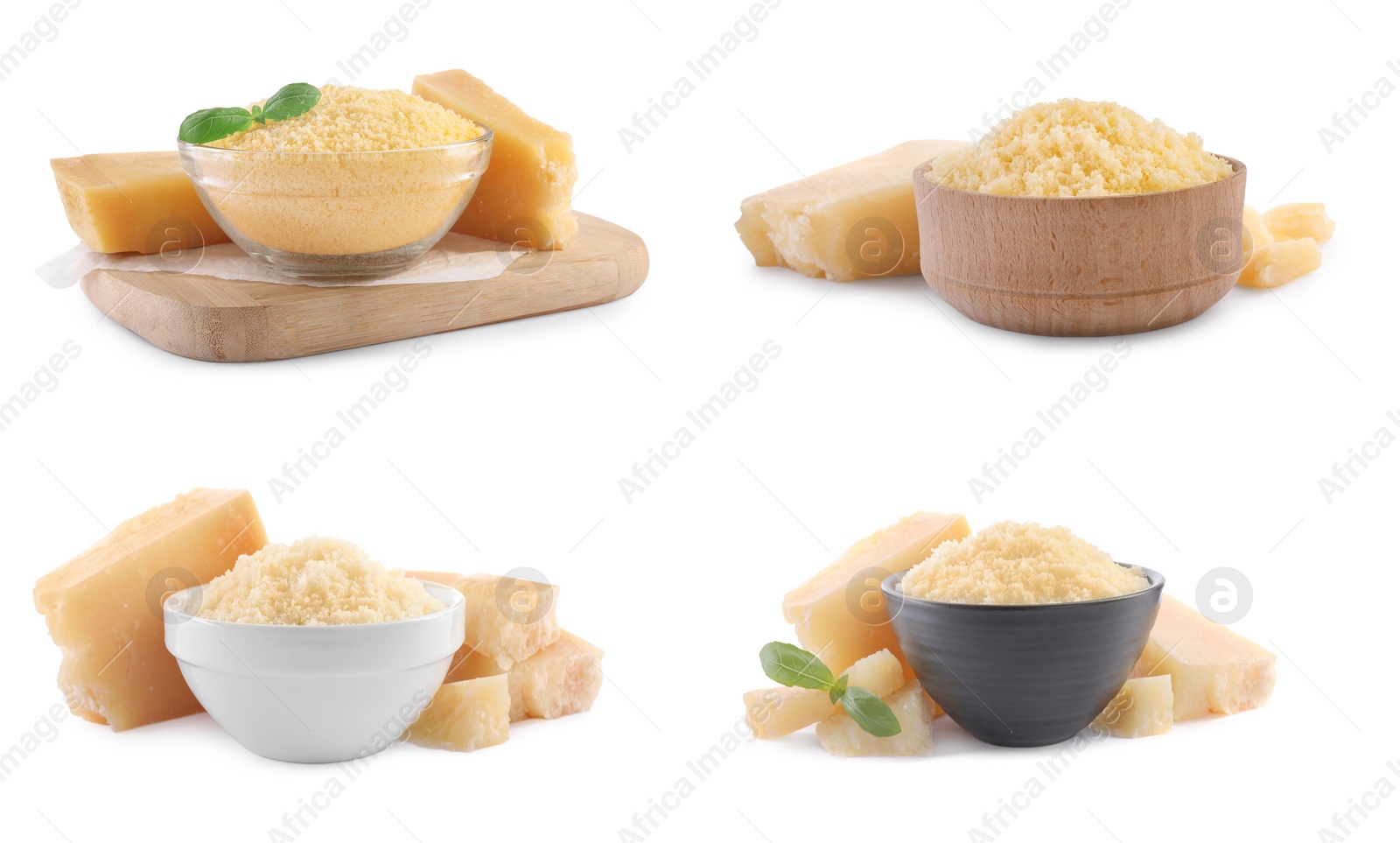 Image of Set with delicious parmesan cheese on white background