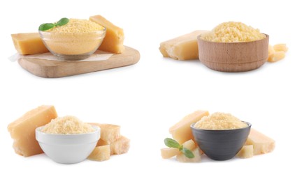 Image of Set with delicious parmesan cheese on white background