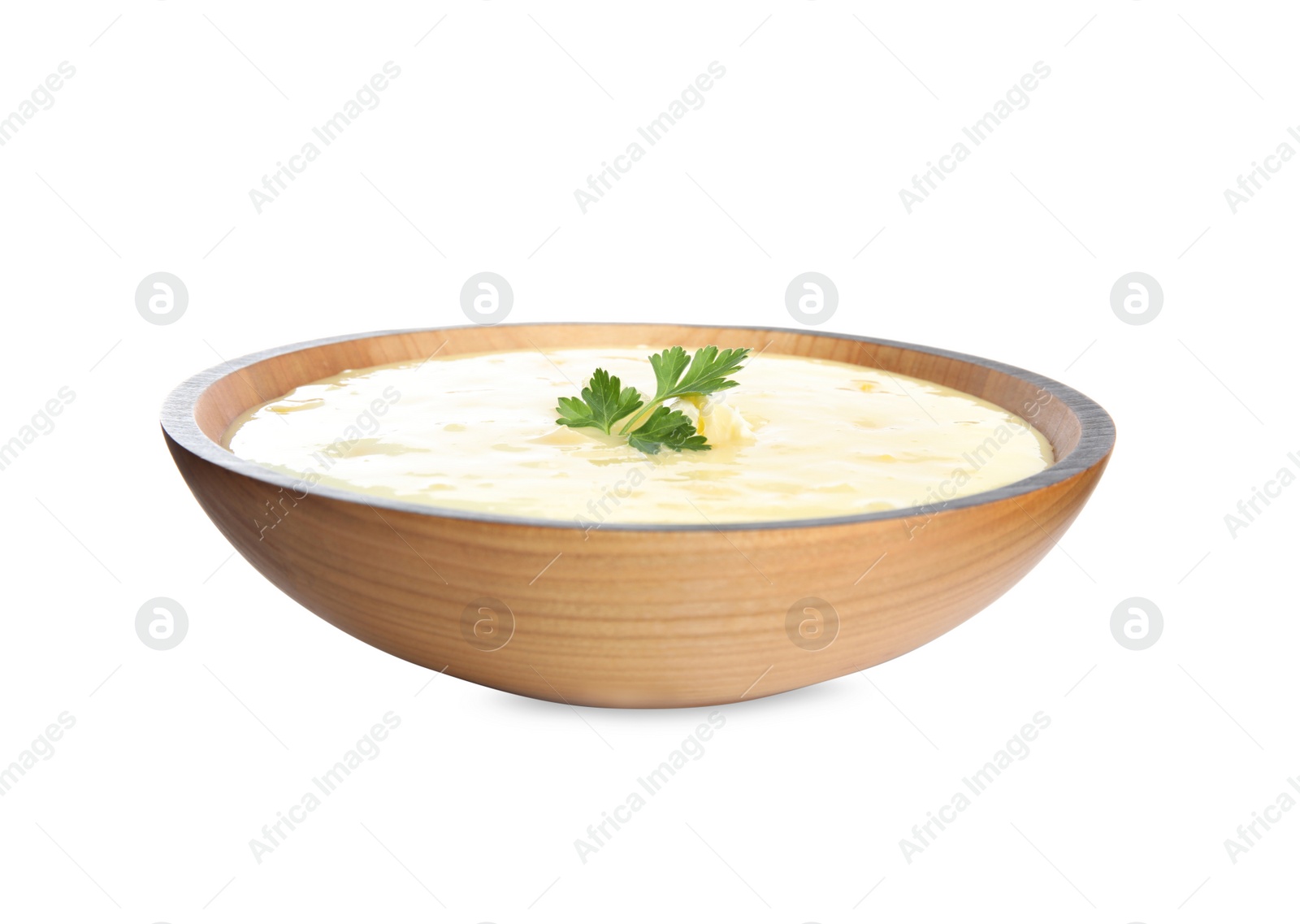 Photo of Delicious corn cream soup isolated on white