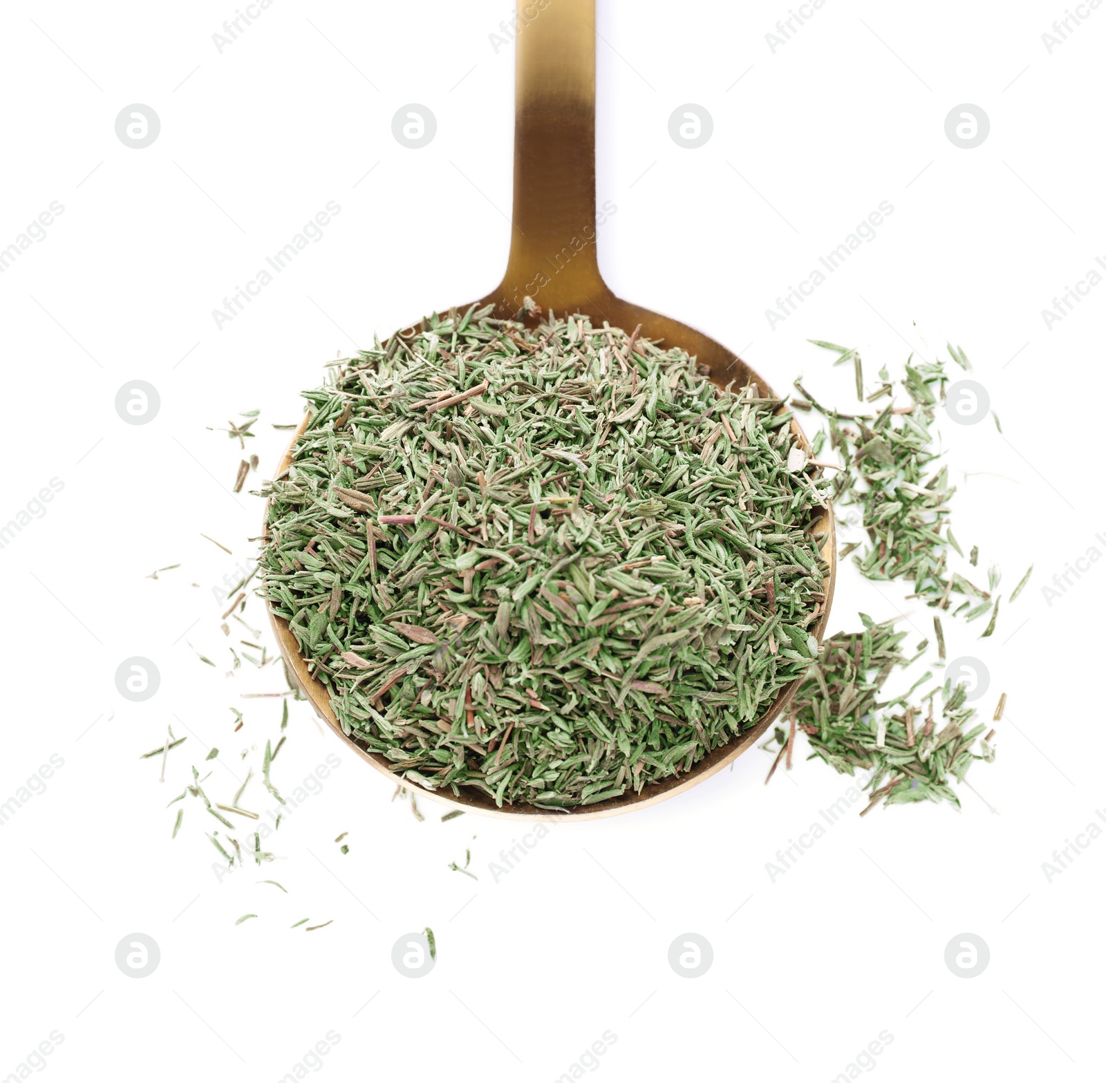 Photo of Spoon of dried thyme isolated on white, top view