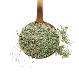 Spoon of dried thyme isolated on white, top view