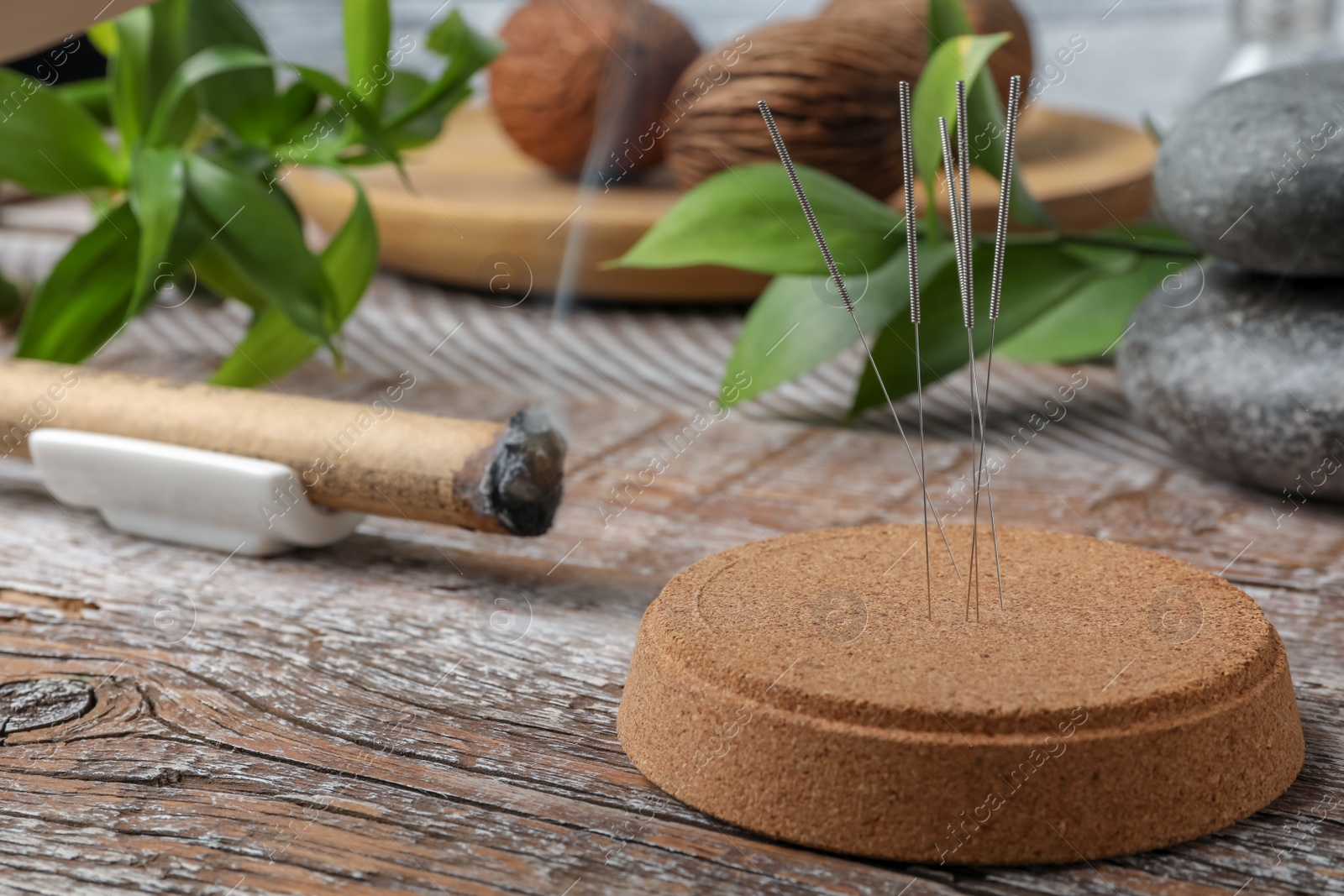 Photo of Cork stand with needles for acupuncture on wooden table