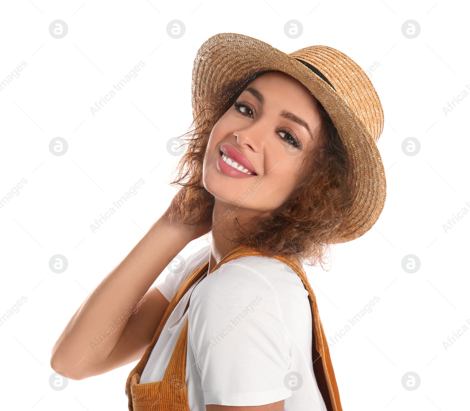 Photo of Beautiful woman in casual outfit on white background