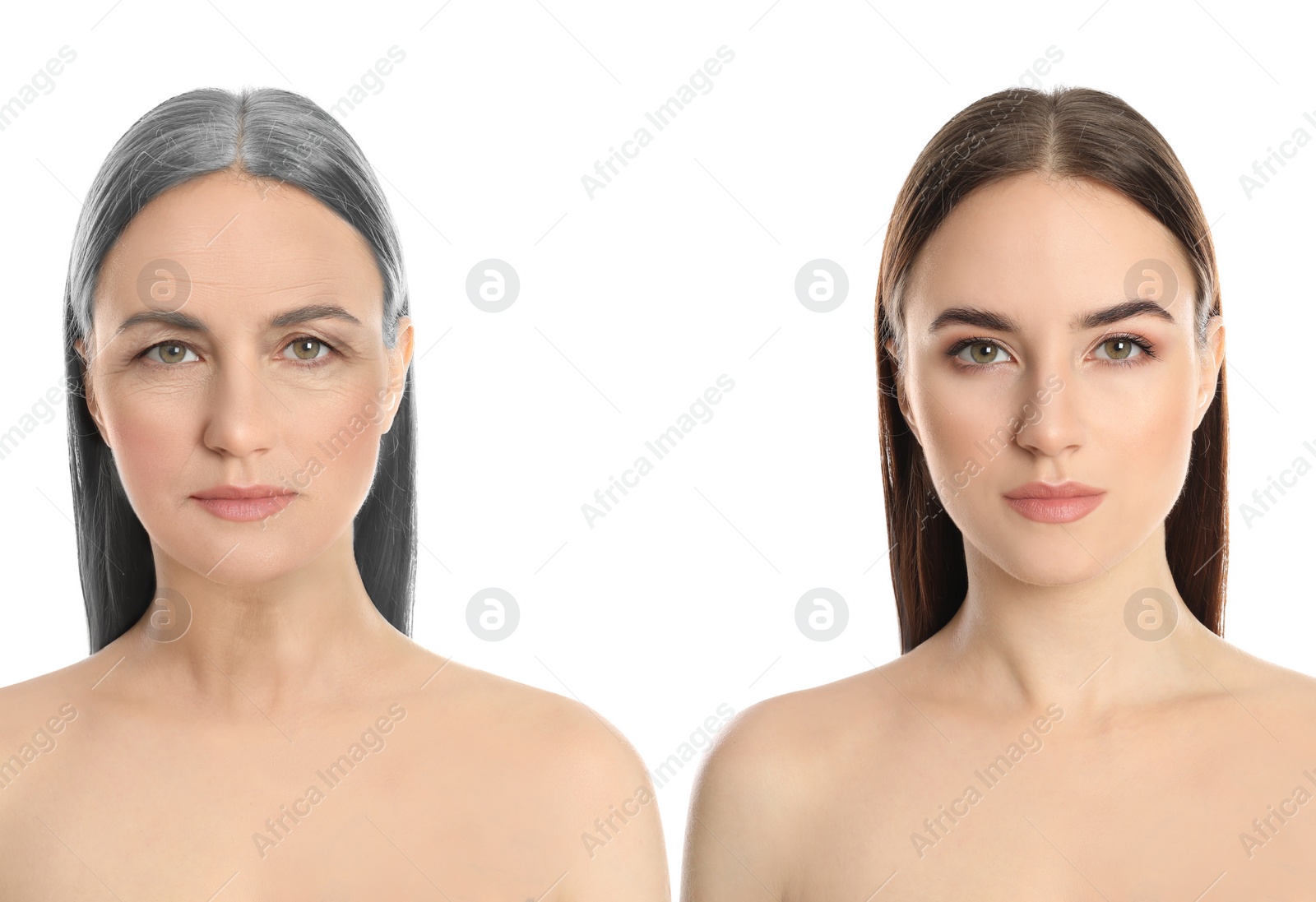 Image of Natural aging, comparison. Portraits of woman in young and old ages on white background