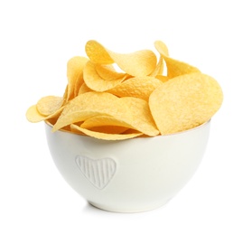 Bowl of tasty crispy potato chips on white background