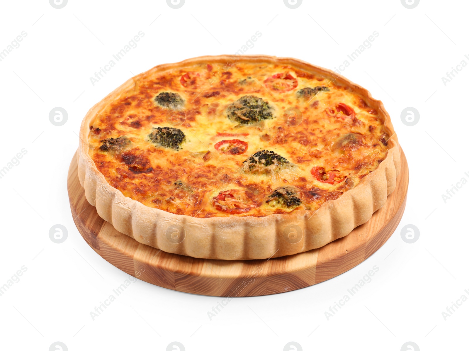 Photo of Delicious homemade vegetable quiche isolated on white