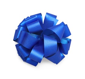 Photo of Blue gift bow isolated on white, top view. Festive decor