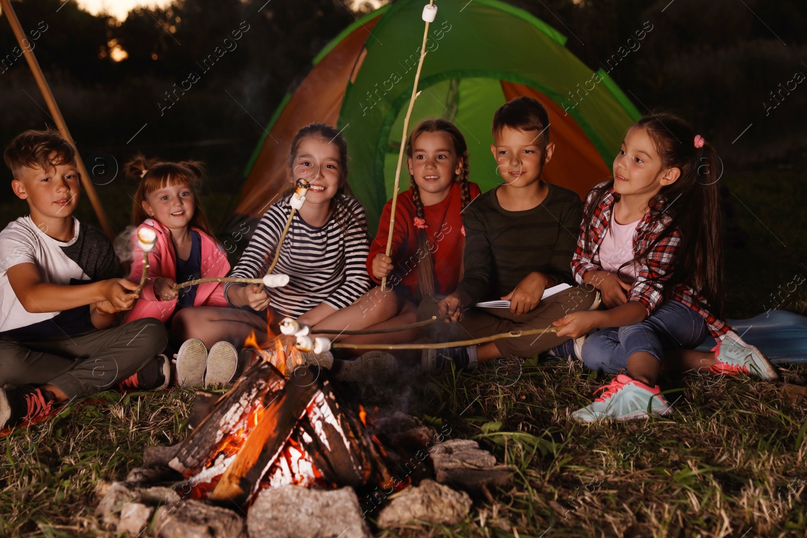 Photo of Little children frying marshmallows on bonfire. Summer camp