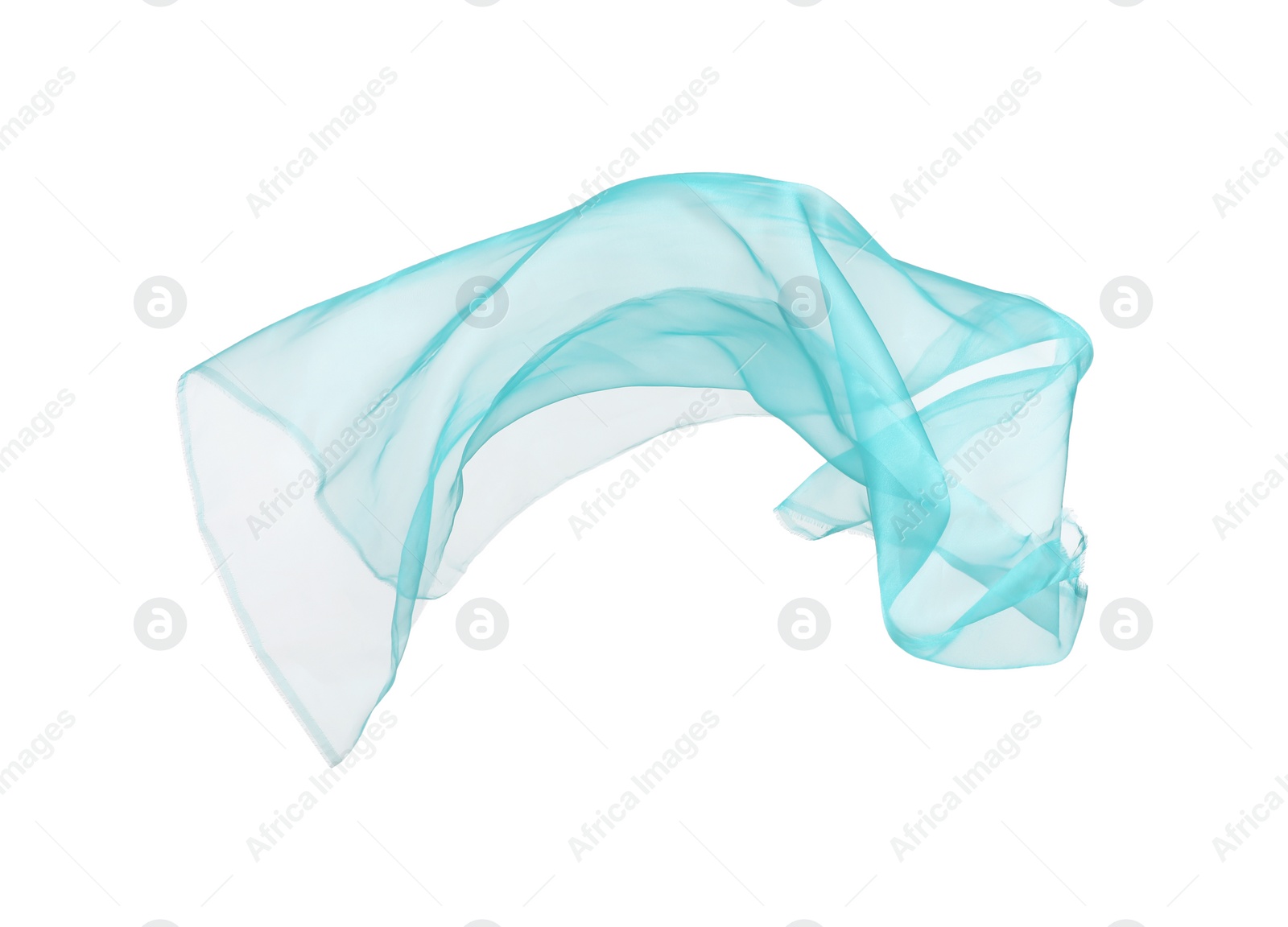 Photo of Beautiful turquoise tulle fabric flying on white background