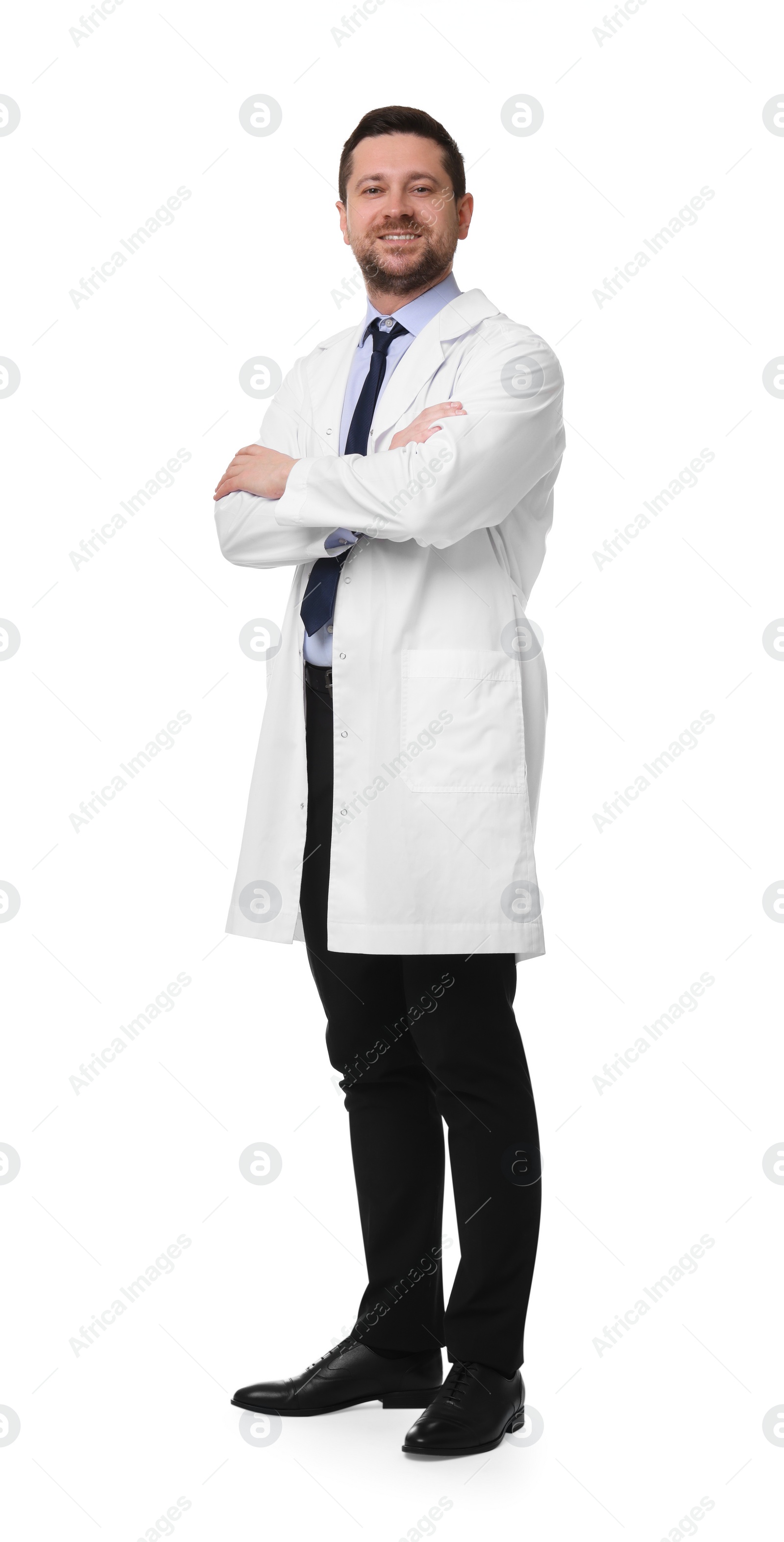 Photo of Full length portrait of smiling doctor isolated on white