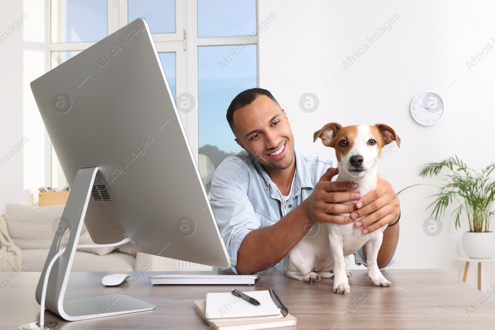 Photo of Young man with Jack Russell Terrier at desk in home office