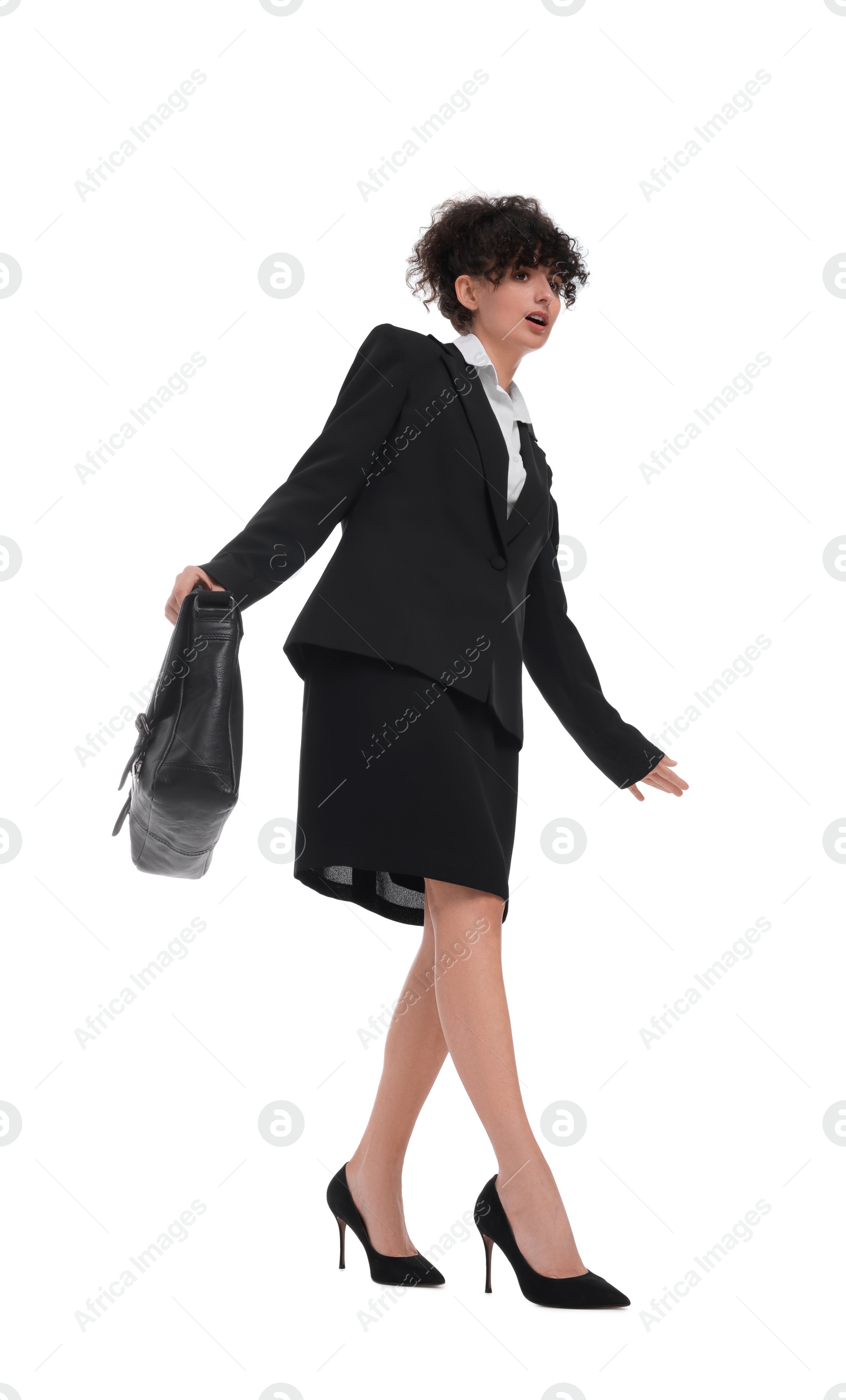 Photo of Beautiful businesswoman in suit with briefcase on white background