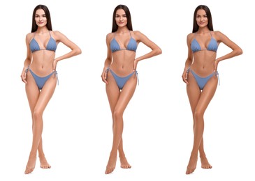 Image of Solarium tan. Woman in bikini with different skin tones on white background, collage